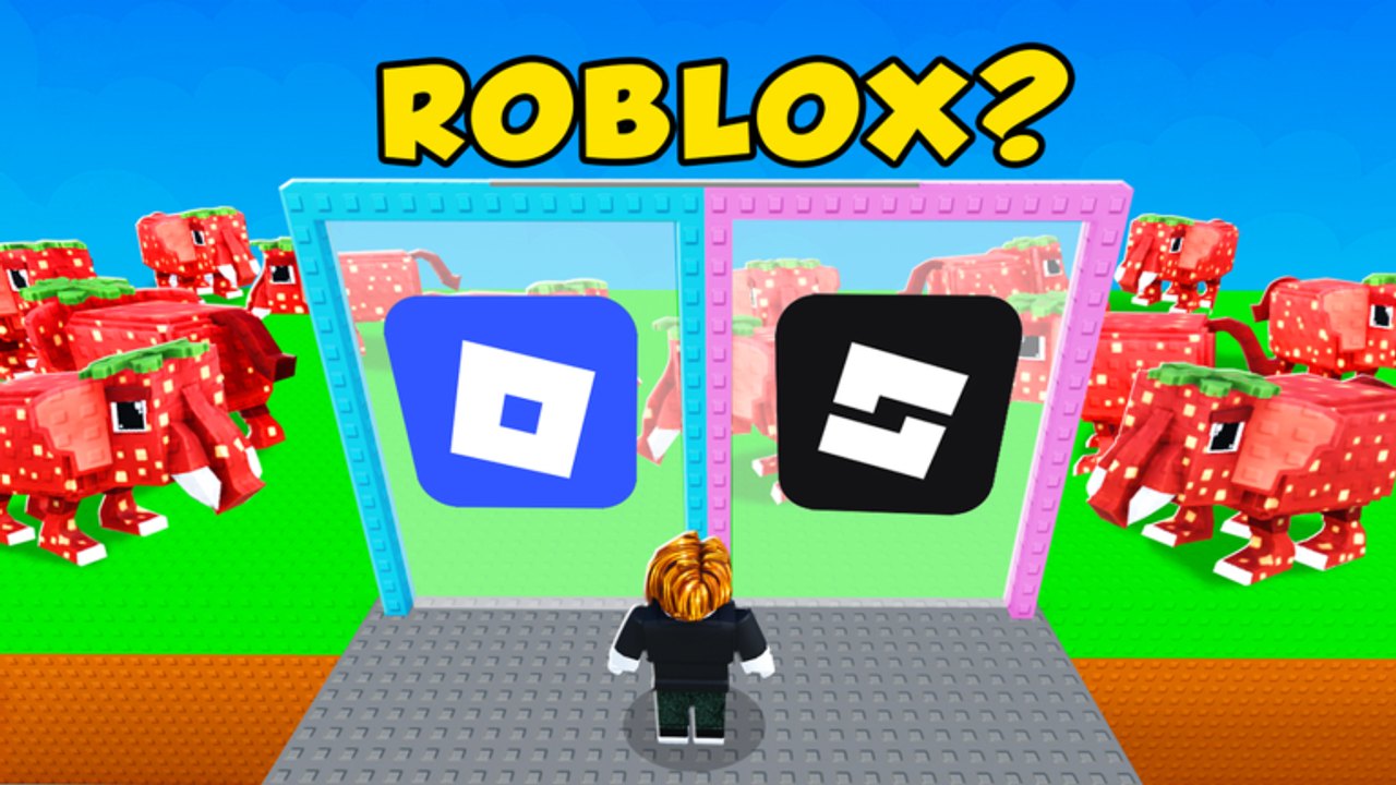 Roblox avatar facing a two-choice logo quiz with voxel strawberry-elephant Brainrots in Logo for Brainrots