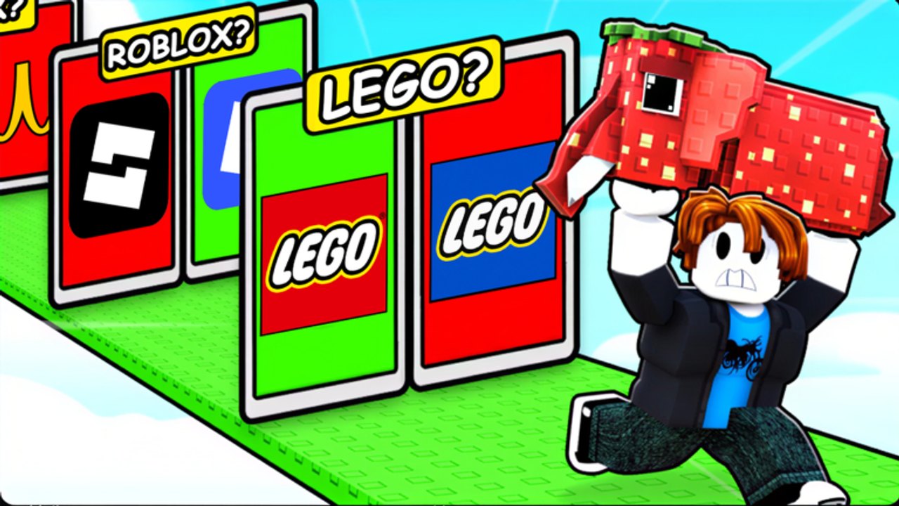 Logo for Brainrots title scene with lookalike logo cards and a player carrying a voxel Brainrot mascot